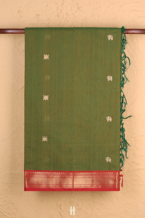 Coimbatore Cotton Saree In Green With Yali Buttas