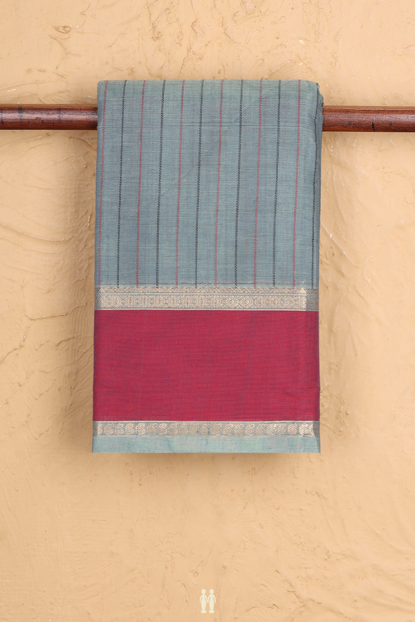 Coimbatore Cotton Saree In Greyish Green With Stripes Design