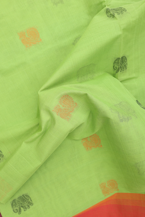 Coimbatore Cotton Saree In Lime Green With Peacock Buttas