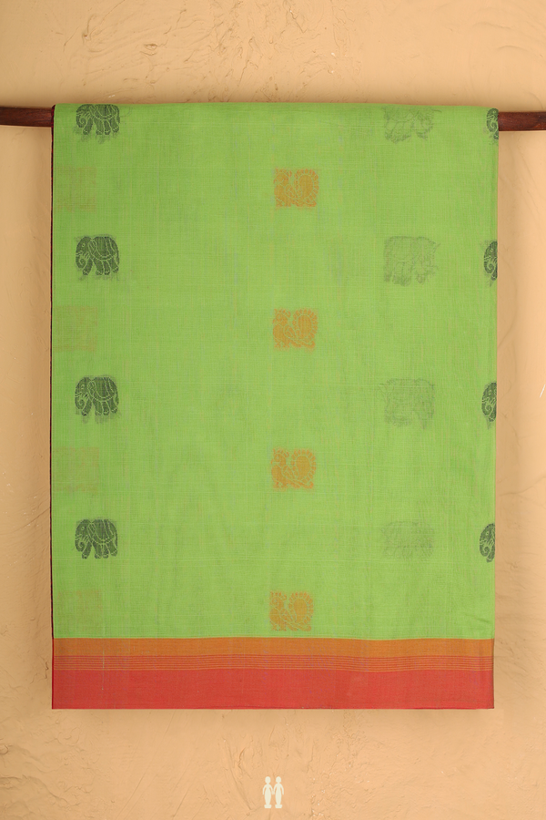 Coimbatore Cotton Saree In Lime Green With Peacock Buttas
