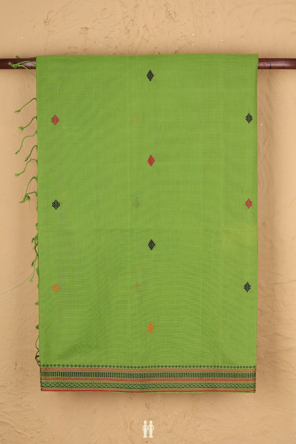 Coimbatore Cotton Saree In Lime Green With Threadwork Buttas