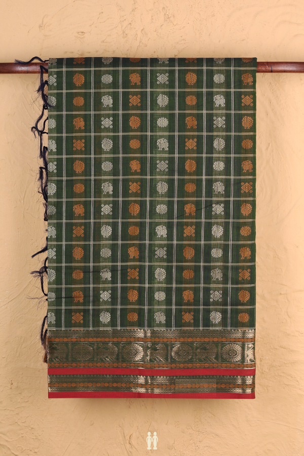 Coimbatore Cotton Saree In Mehendi Green With Checks Design