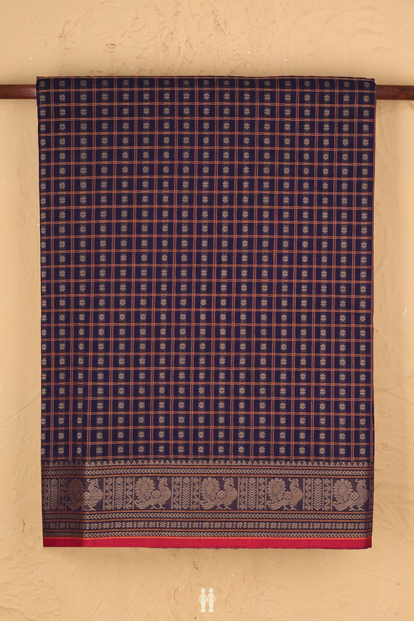 Coimbatore Cotton Saree In Navy Blue With Checks Design