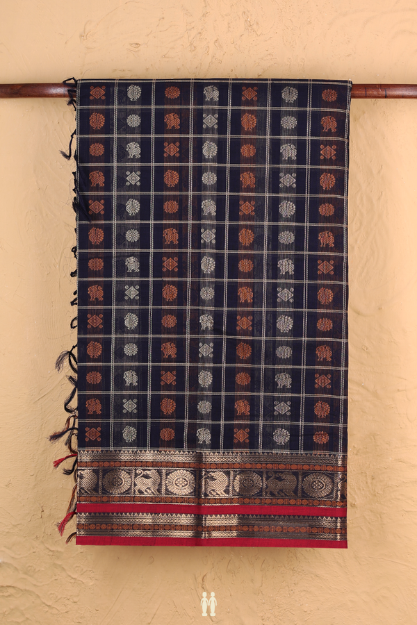 Coimbatore Cotton Saree In Navy Blue With Checks Design