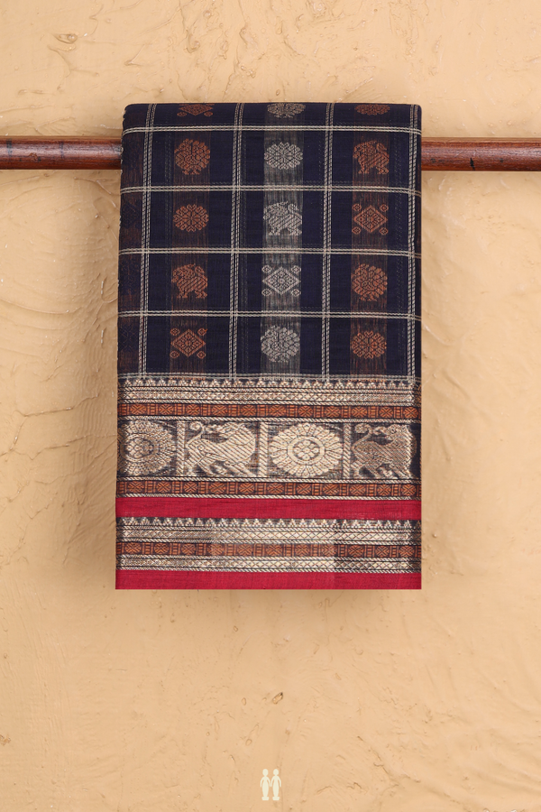 Coimbatore Cotton Saree In Navy Blue With Checks Design
