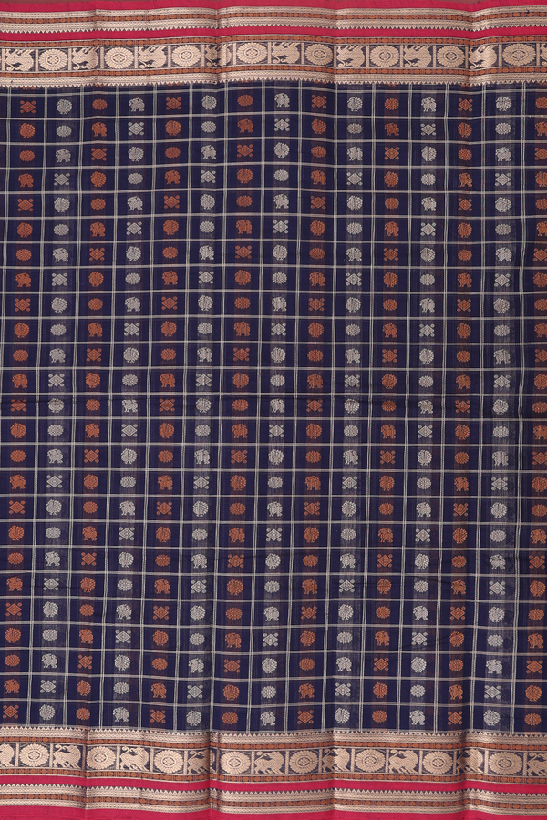 Coimbatore Cotton Saree In Navy Blue With Checks Design