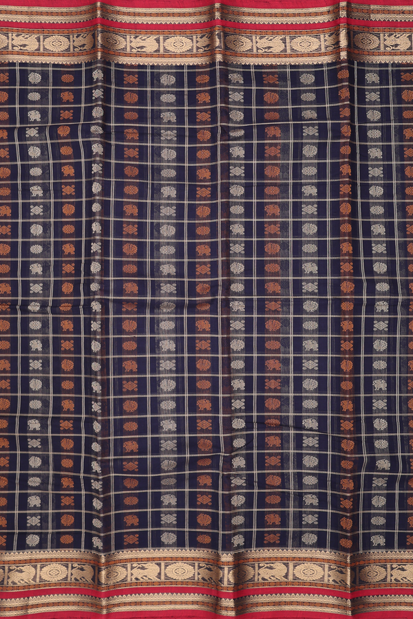Coimbatore Cotton Saree In Navy Blue With Checks Design
