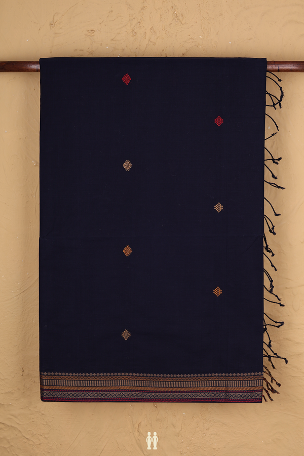 Coimbatore Cotton Saree In Navy Blue With Threadwork Buttas