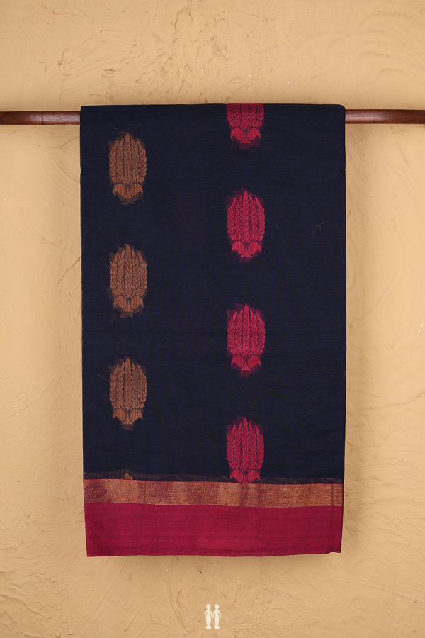 Coimbatore Cotton Saree In Navy Blue With Threadwork Motifs