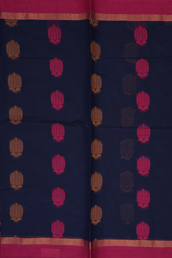 Coimbatore Cotton Saree In Navy Blue With Threadwork Motifs