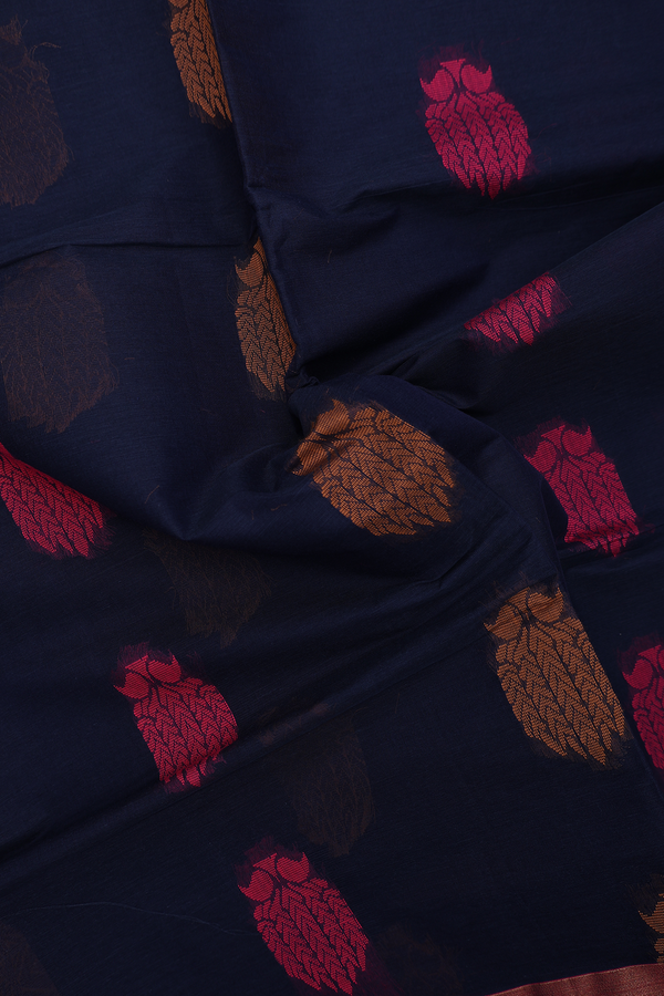 Coimbatore Cotton Saree In Navy Blue With Threadwork Motifs