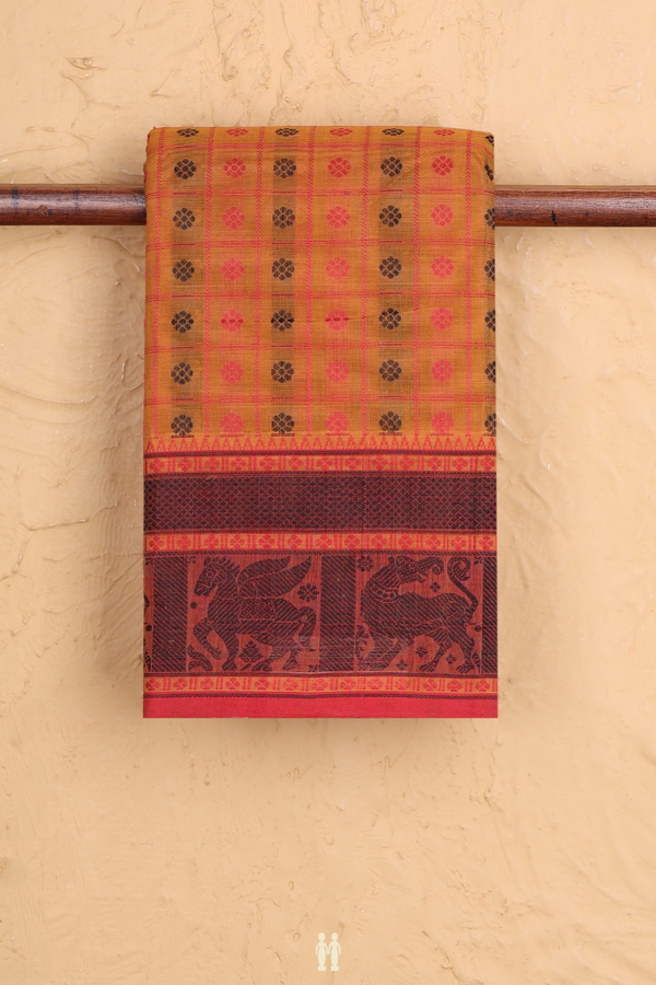 Coimbatore Cotton Saree In Ochre Orange With Checks Design