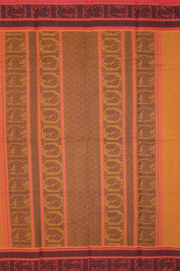 Coimbatore Cotton Saree In Ochre Orange With Checks Design
