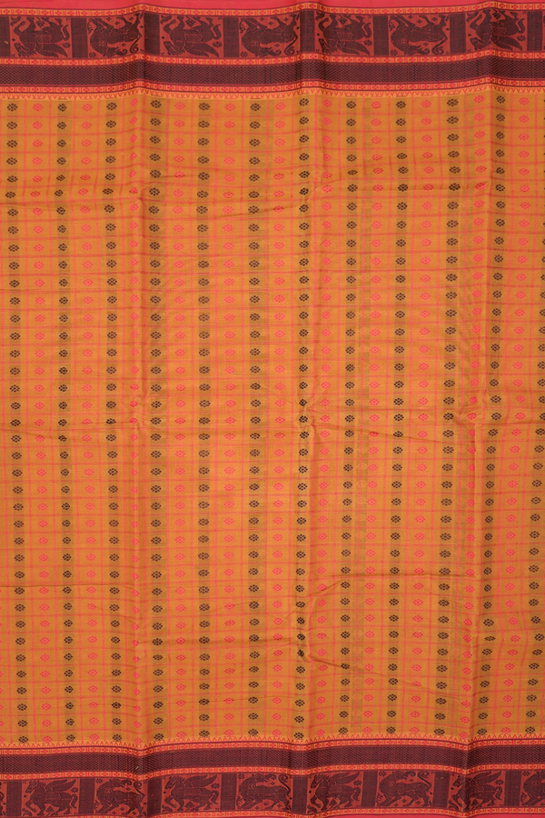 Coimbatore Cotton Saree In Ochre Orange With Checks Design