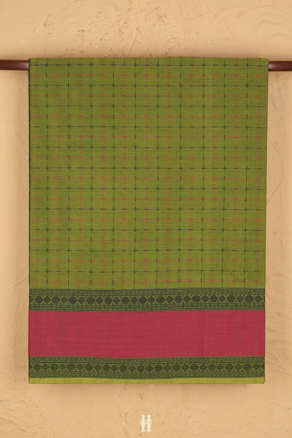 Coimbatore Cotton Saree In Olive Green With Checks Design