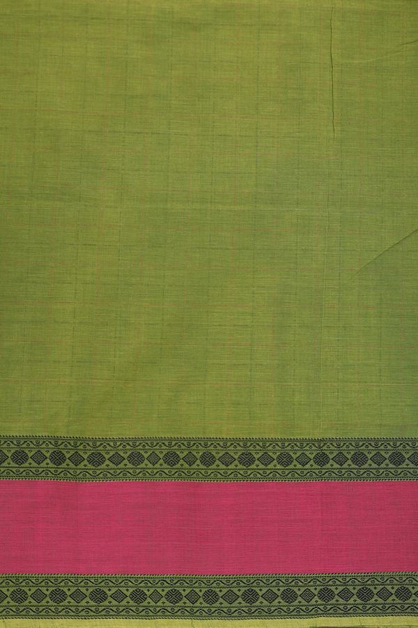 Coimbatore Cotton Saree In Olive Green With Checks Design