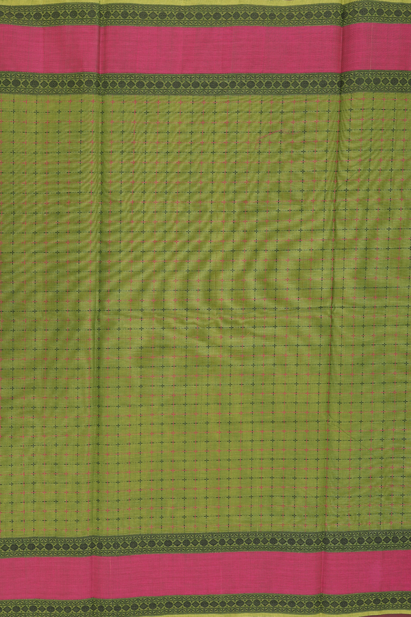 Coimbatore Cotton Saree In Olive Green With Checks Design