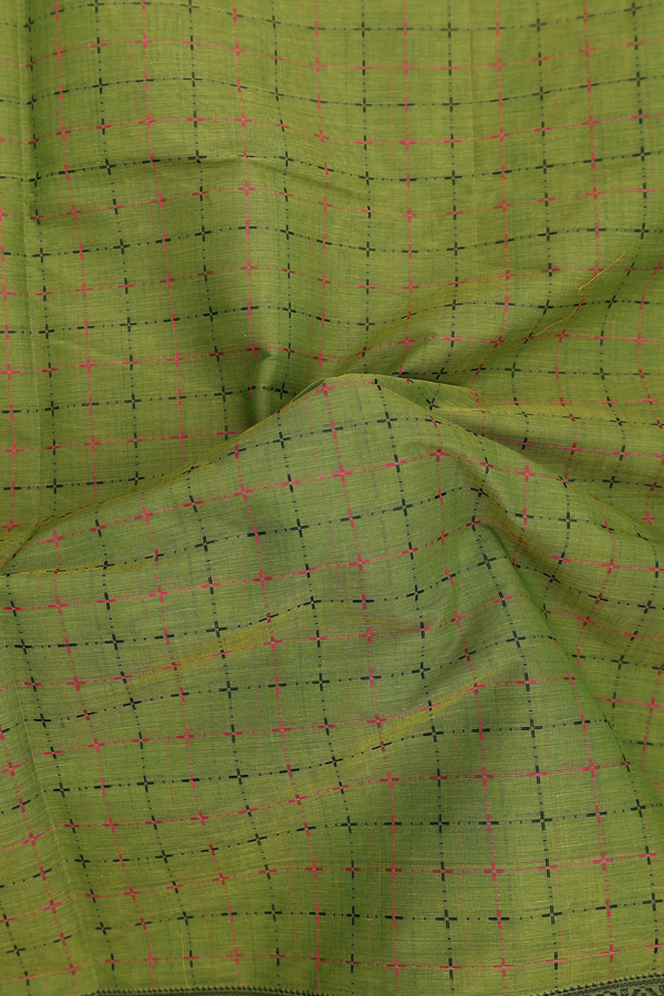 Coimbatore Cotton Saree In Olive Green With Checks Design