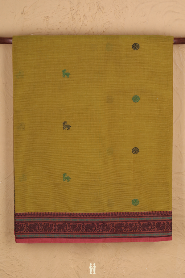 Coimbatore Cotton Saree In Olive Yellow With Threadwork Buttas
