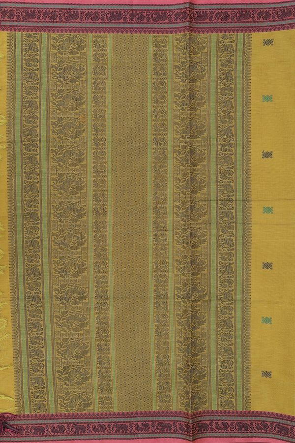 Coimbatore Cotton Saree In Olive Yellow With Threadwork Buttas