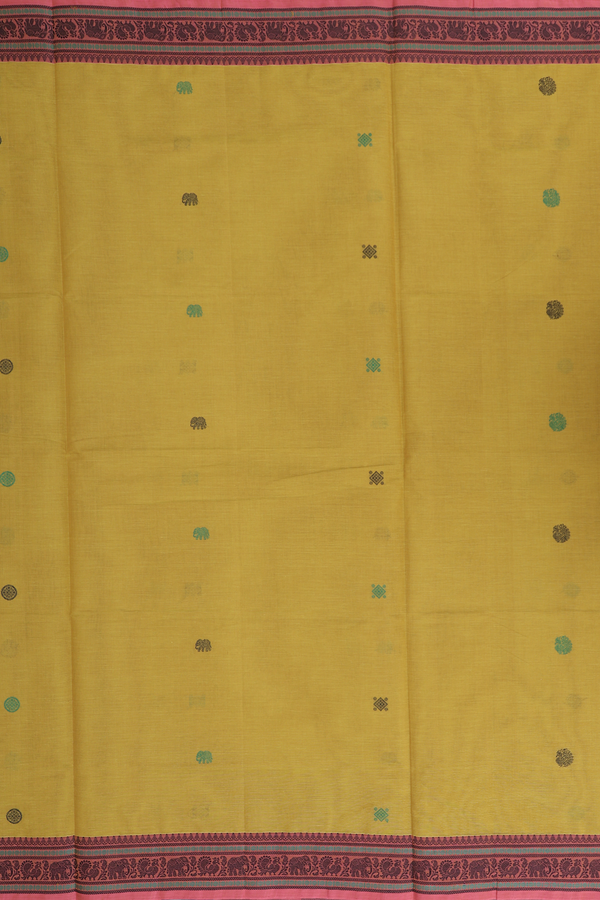 Coimbatore Cotton Saree In Olive Yellow With Threadwork Buttas