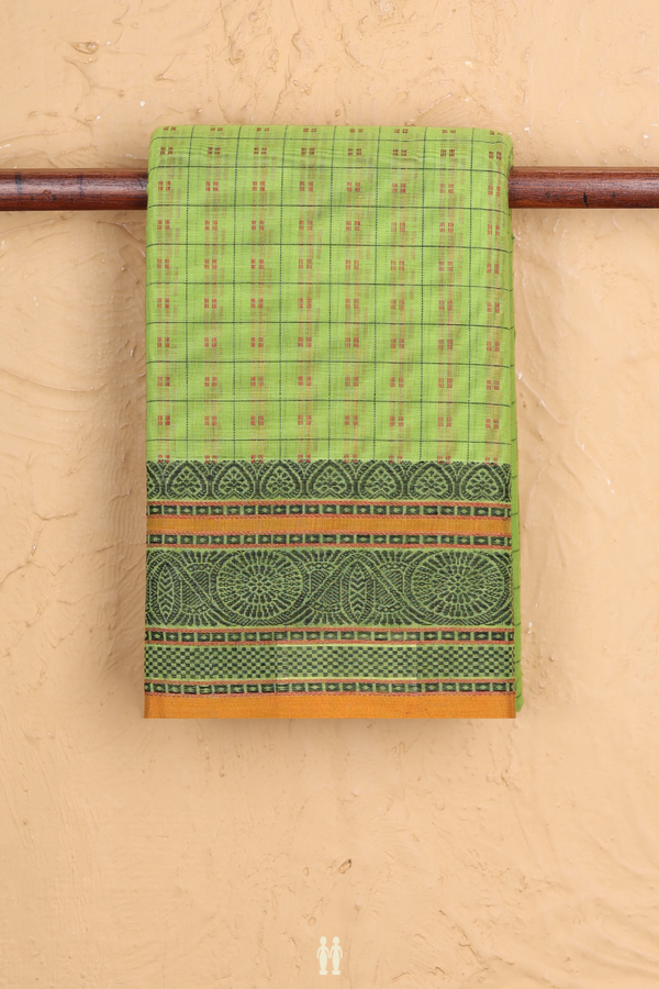 Coimbatore Cotton Saree In Parrot Green With Checks Design