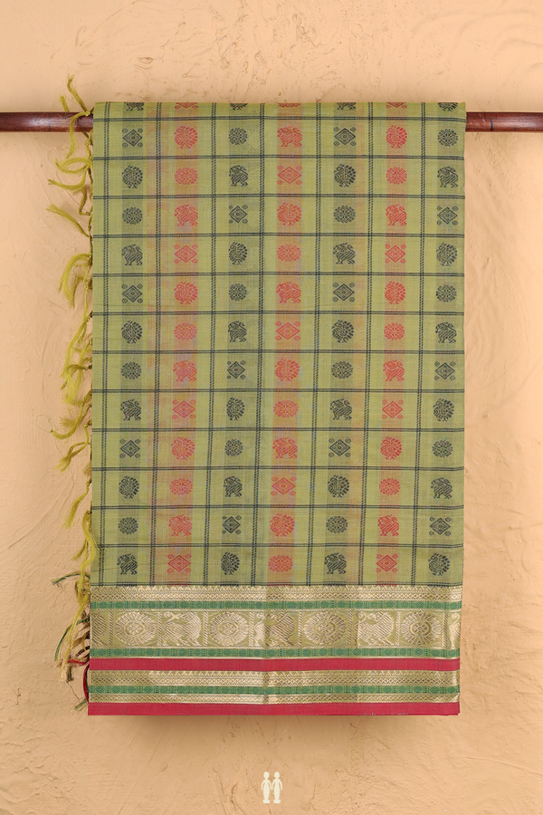 Coimbatore Cotton Saree In Pastel Green With Checks Design