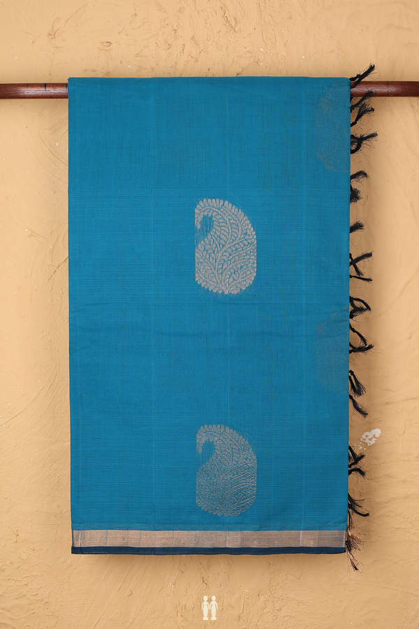 Coimbatore Cotton Saree In Peacock Blue With Paisley Motifs