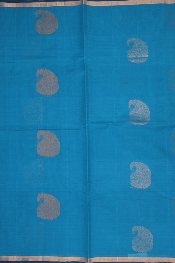 Coimbatore Cotton Saree In Peacock Blue With Paisley Motifs