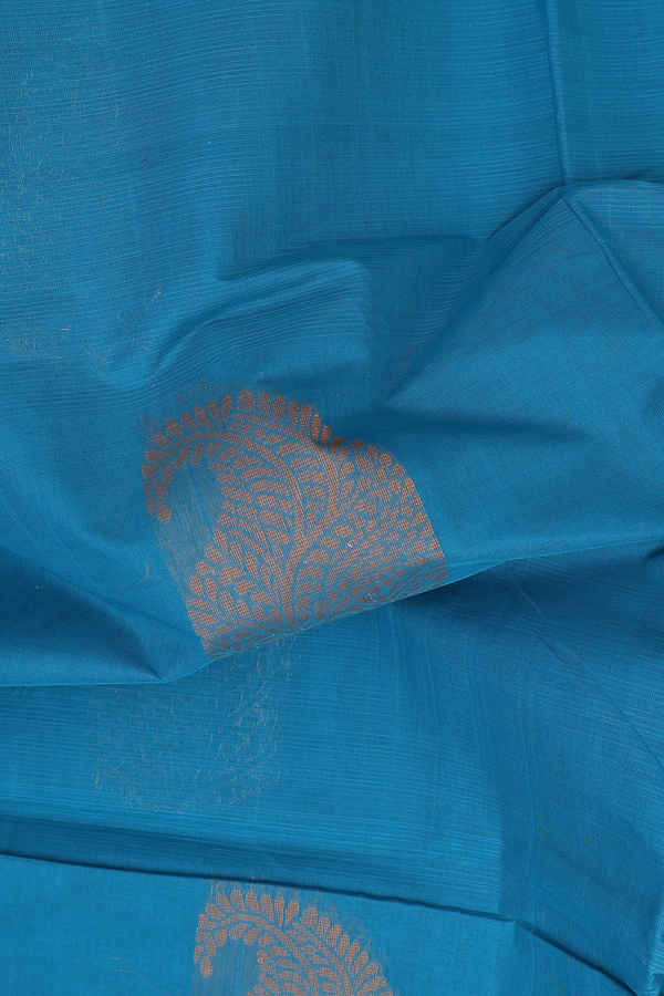 Coimbatore Cotton Saree In Peacock Blue With Paisley Motifs