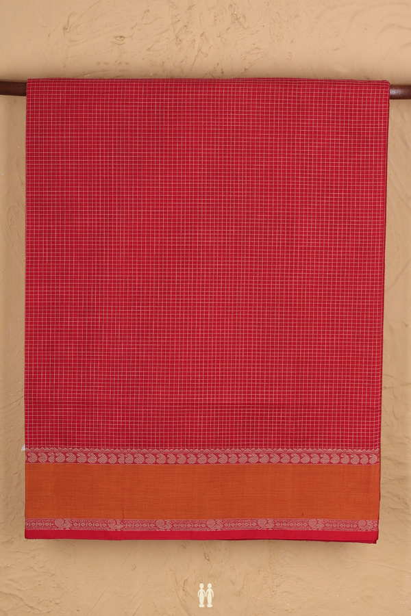 Coimbatore Cotton Saree In Scarlet Red With Checks Design
