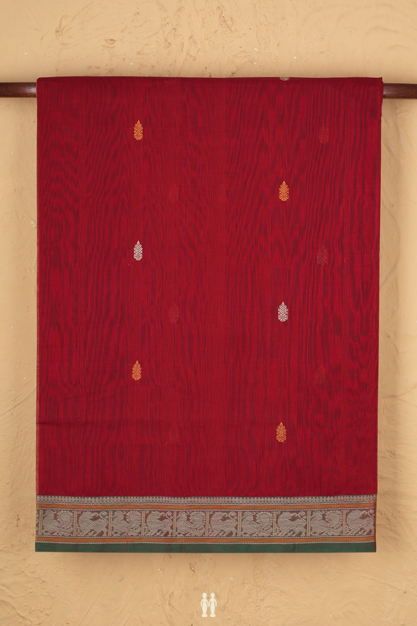 Coimbatore Cotton Saree In Ruby Red With Threadwork Buttas