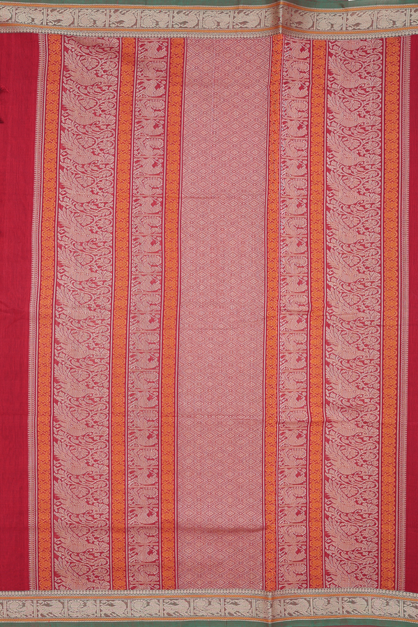 Coimbatore Cotton Saree In Ruby Red With Threadwork Buttas