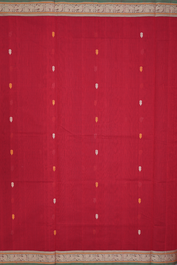 Coimbatore Cotton Saree In Ruby Red With Threadwork Buttas
