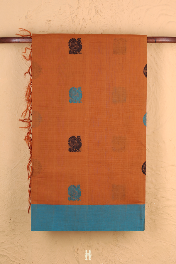 Coimbatore Cotton Saree In Saddle Brown With Peacock Buttas