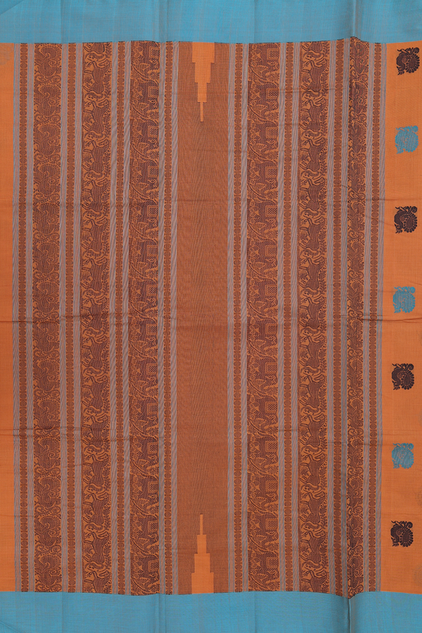 Coimbatore Cotton Saree In Saddle Brown With Peacock Buttas