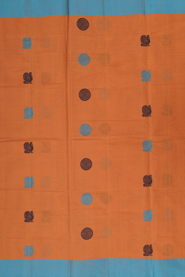 Coimbatore Cotton Saree In Saddle Brown With Peacock Buttas