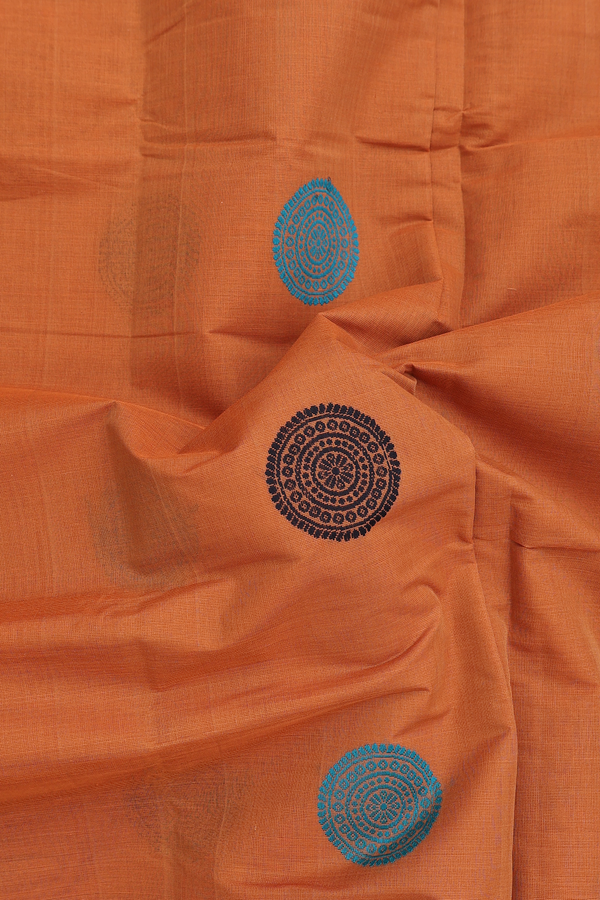 Coimbatore Cotton Saree In Saddle Brown With Peacock Buttas