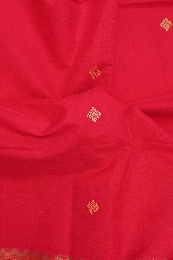 Coimbatore Cotton Saree In Scarlet Red With Threadwork Buttas