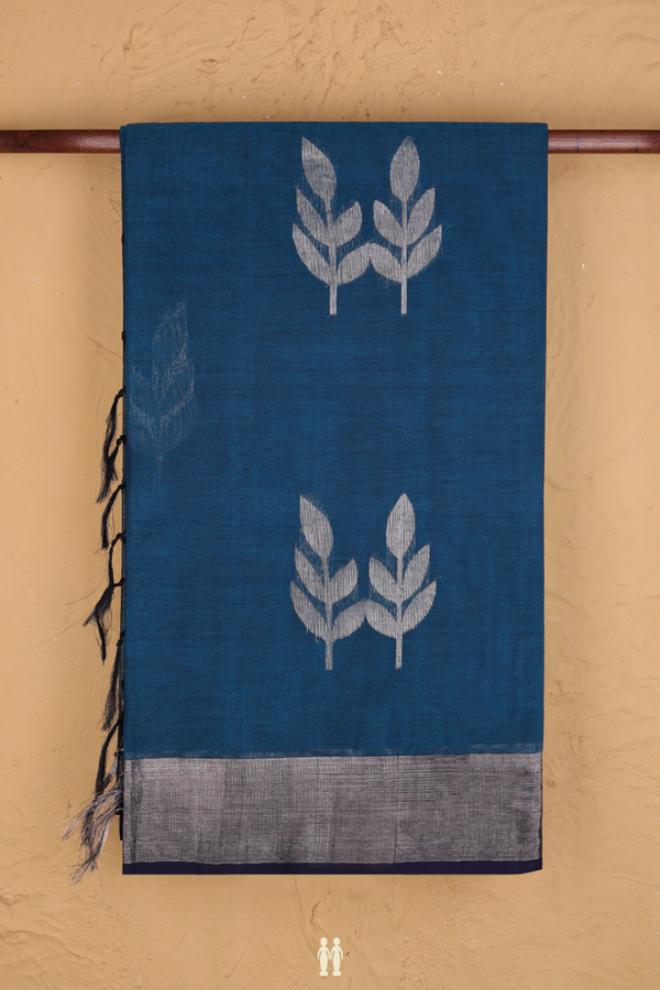 Coimbatore Cotton Saree In Teal Blue With Leaf Motifs