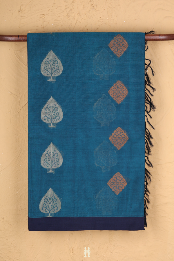 Coimbatore Cotton Saree In Teal Blue With Threadwork Motifs