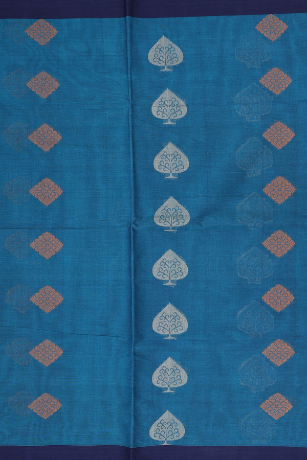 Coimbatore Cotton Saree In Teal Blue With Threadwork Motifs