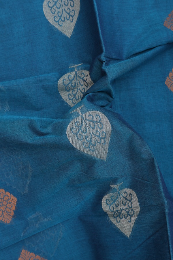 Coimbatore Cotton Saree In Teal Blue With Threadwork Motifs