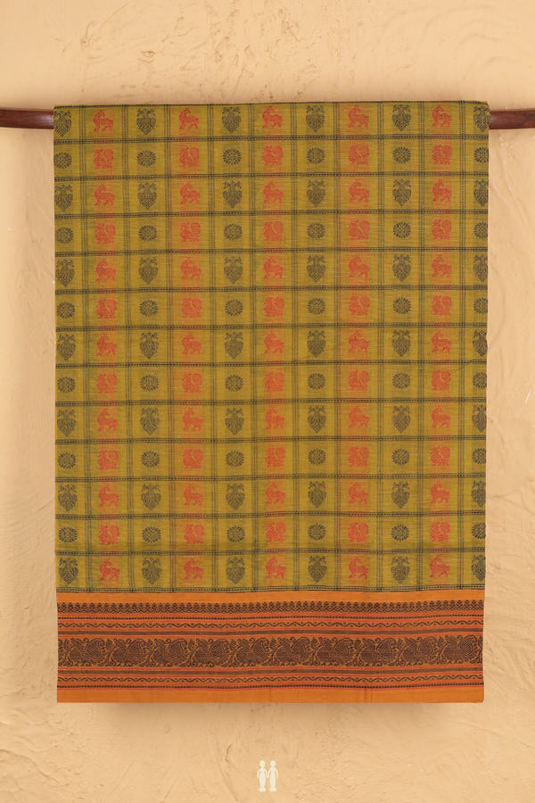 Coimbatore Cotton Saree In Yellowish Brown With Checks Design