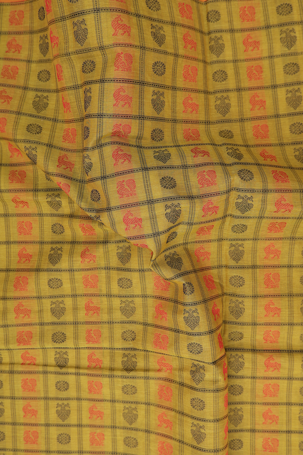 Coimbatore Cotton Saree In Yellowish Brown With Checks Design