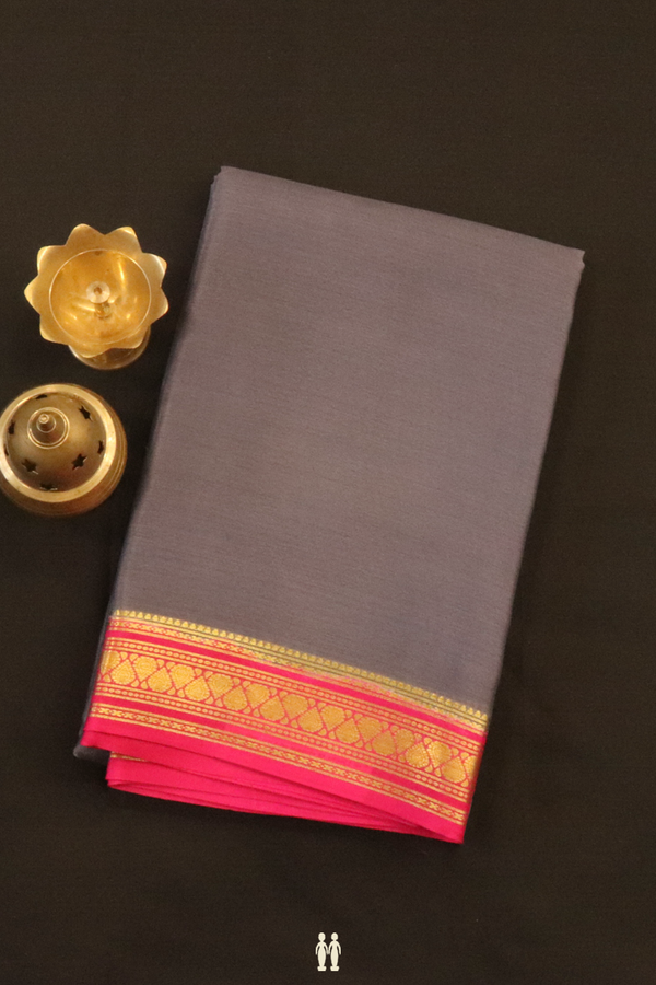Contrast Border Plain Pigeon Blue Mysore Silk Saree
