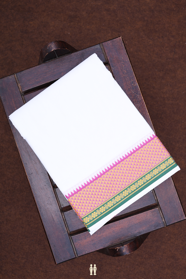 Contrast Border White Cotton Dhoti With Angavastram Set