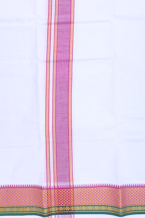 Contrast Border White Cotton Dhoti With Angavastram Set
