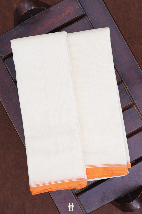 Contrast Border White Tussar Silk Dhoti With Angavastram Set