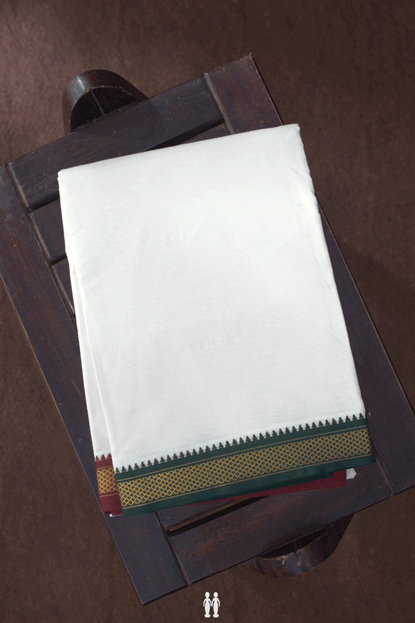 Contrast Zari Border Egg White Dhoti With Angavastram Set